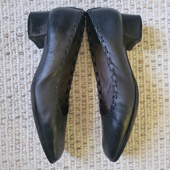 Stuart Weitzman Womens 7* Black Leather Heels Square Toe Whip Stitch Block Heel - Picture 4 of 8